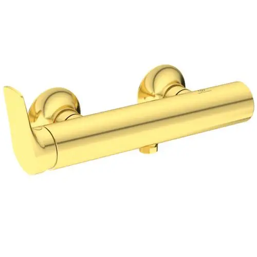 Brausearmatur in brushed gold von Ideal Standard, mit einer zylindrischen Form und seitlichen Befestigungen, geeignet für die Montage in Duschen.